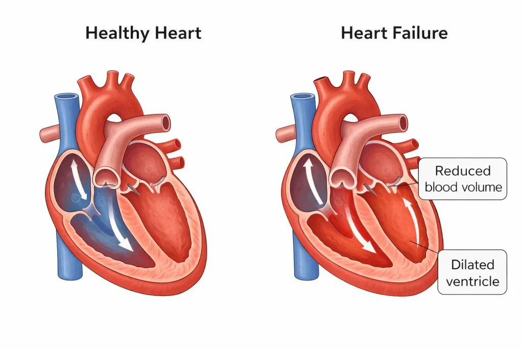 What Is Congestive Heart Failure (CHF)? What It Means in Real Life, What It Can Feel Like, and When Symptoms Shouldn’t Wait 6 Side-by-side illustration comparing a healthy heart and a heart with congestive heart failure, showing reduced blood volume and a dilated ventricle in the failing heart.