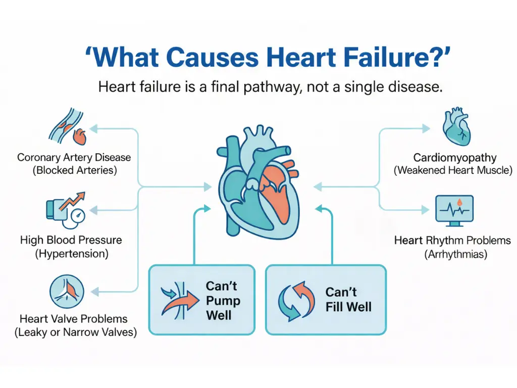 What Causes Heart Failure? Common Reasons It Happens (and When Symptoms Shouldn’t Wait) 3 Infographic titled “What Causes Heart Failure?” showing a central heart diagram connected to common causes—coronary artery disease, high blood pressure, heart valve problems, cardiomyopathy, and heart rhythm problems—plus notes that heart failure can involve the heart not pumping well or not filling well.