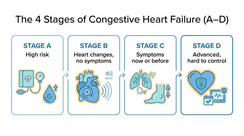 The 4 Stages of Congestive Heart Failure (CHF): What They Mean, What You May Feel, and When Symptoms Shouldn’t Wait 4 Infographic showing the four stages of congestive heart failure (A–D): Stage A high risk, Stage B heart changes without symptoms, Stage C symptoms now or before (shortness of breath and swelling), and Stage D advanced, hard to control.