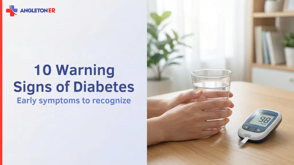 What Are 10 Warning Signs of Diabetes? 10 Photoreal featured image: hands with water and a glucose meter, with headline ‘10 Warning Signs of Diabetes’ on the left.