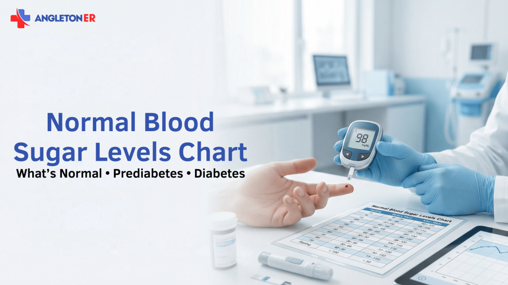 Normal Blood Sugar Levels Chart (ER Doctor Guide to Numbers That Actually Matter) 7 Angleton ER graphic titled “Normal Blood Sugar Levels Chart” showing a clinician checking a fingertip blood sugar with a glucometer reading 98 mg/dL, alongside a printed chart labeled normal, prediabetes, and diabetes.