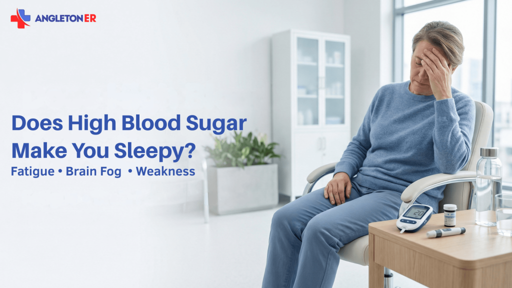 Does High Blood Sugar Make You Sleepy? 4 Angleton ER graphic showing a tired person sitting beside a glucose meter, with text asking whether high blood sugar can make you sleepy and mentioning fatigue, brain fog, and weakness.