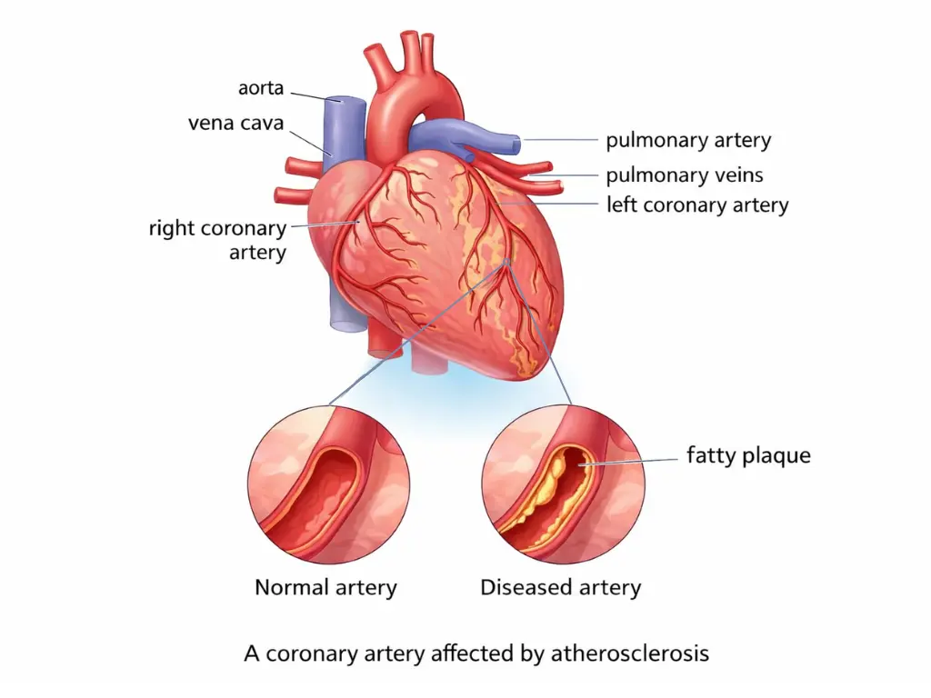 Illustration of the heart and coronary arteries with labeled major vessels, plus close-ups comparing a normal coronary artery to a diseased artery narrowed by fatty plaque (atherosclerosis), showing how coronary heart disease develops.
