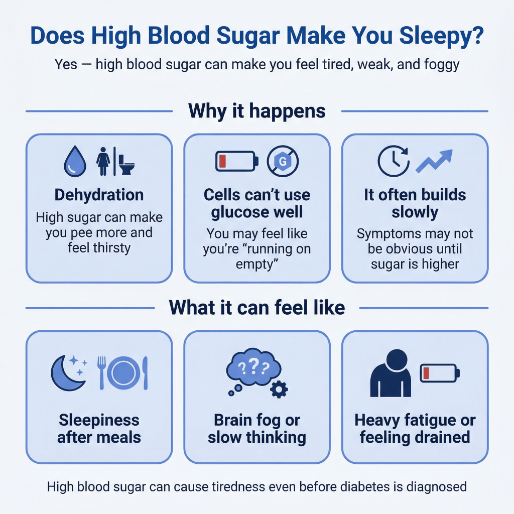 Does High Blood Sugar Make You Sleepy? 2 Infographic explaining that high blood sugar can make you feel sleepy, weak, and foggy, with causes such as dehydration and poor glucose use, and symptoms including sleepiness after meals, brain fog, and heavy fatigue.