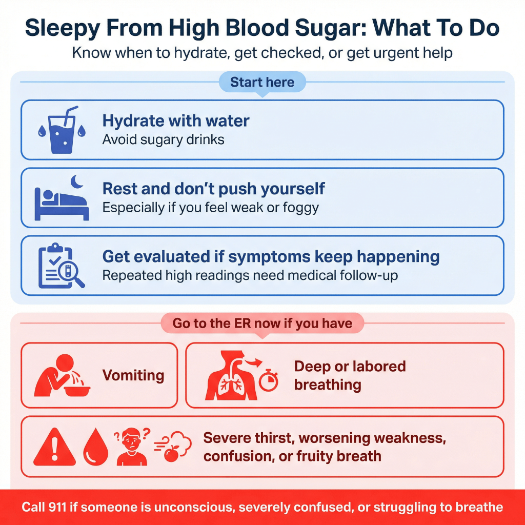 Does High Blood Sugar Make You Sleepy? 3 Infographic on what to do if high blood sugar makes you sleepy, including hydrating with water, resting, getting evaluated for repeated symptoms, and seeking ER care for vomiting, deep breathing, confusion, severe thirst, or fruity breath.
