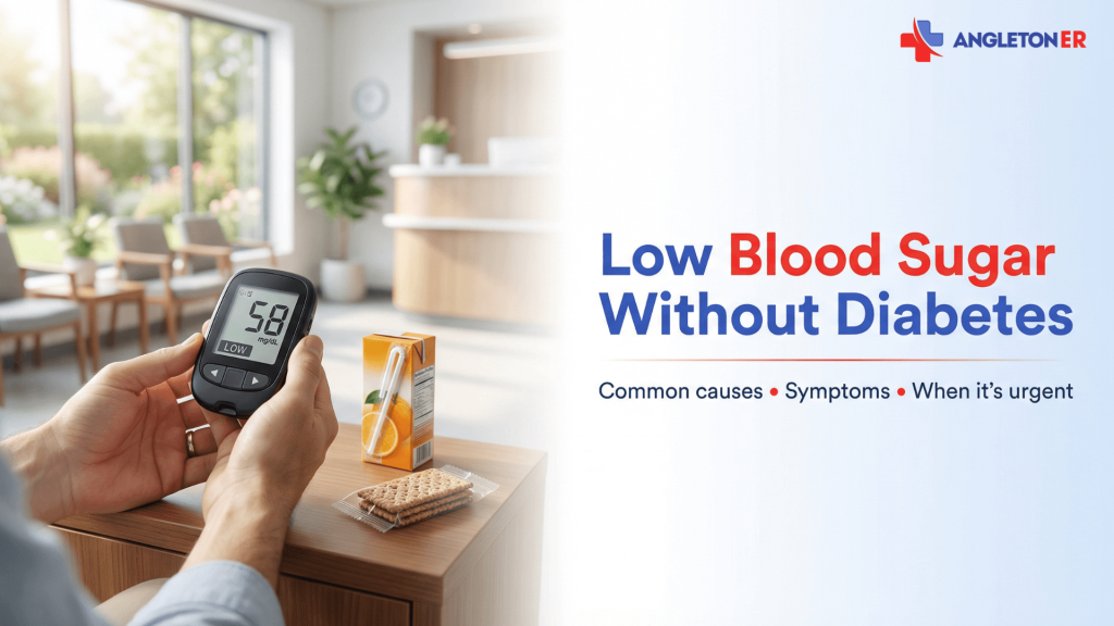What Causes Low Blood Sugar Without Diabetes? 8 Angleton ER graphic showing a person holding a blood glucose meter reading 58 mg/dL beside juice and crackers, with the headline “Low Blood Sugar Without Diabetes” and subtext about common causes, symptoms, and when it’s urgent.