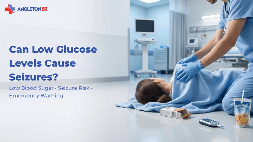 Can Low Glucose Levels Cause Seizures? 2 Angleton ER graphic showing a clinician helping a person lying on the floor, with text asking whether low glucose levels can cause seizures and highlighting low blood sugar, seizure risk, and emergency warning signs.