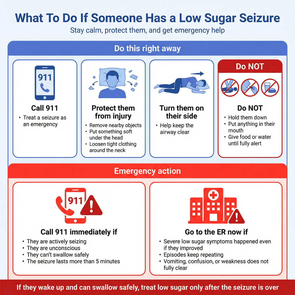 Can Low Glucose Levels Cause Seizures? 3 Infographic on what to do if someone has a low blood sugar seizure, including calling 911, protecting them from injury, turning them on their side, and avoiding food, water, or putting anything in their mouth until fully alert.