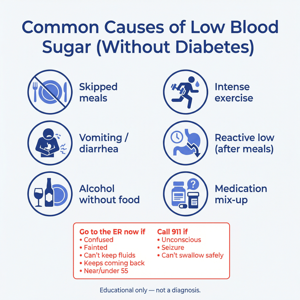 What Causes Low Blood Sugar Without Diabetes? 3 Infographic titled “Common Causes of Low Blood Sugar (Without Diabetes)” listing skipped meals, vomiting/diarrhea, alcohol without food, intense exercise, reactive low after meals, and medication mix-up, plus guidance to go to the ER for confusion/fainting/recurring lows near 55 and to call 911 for unconsciousness, seizure, or inability to swallow safely.