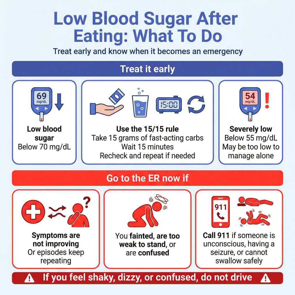 Hypoglycemia After Eating: Why It Happens and When It’s an Emergency 3 Infographic on what to do for low blood sugar after eating, including treating early with the 15/15 rule and seeking emergency help if symptoms do not improve, fainting occurs, or the person is unconscious or having a seizure.