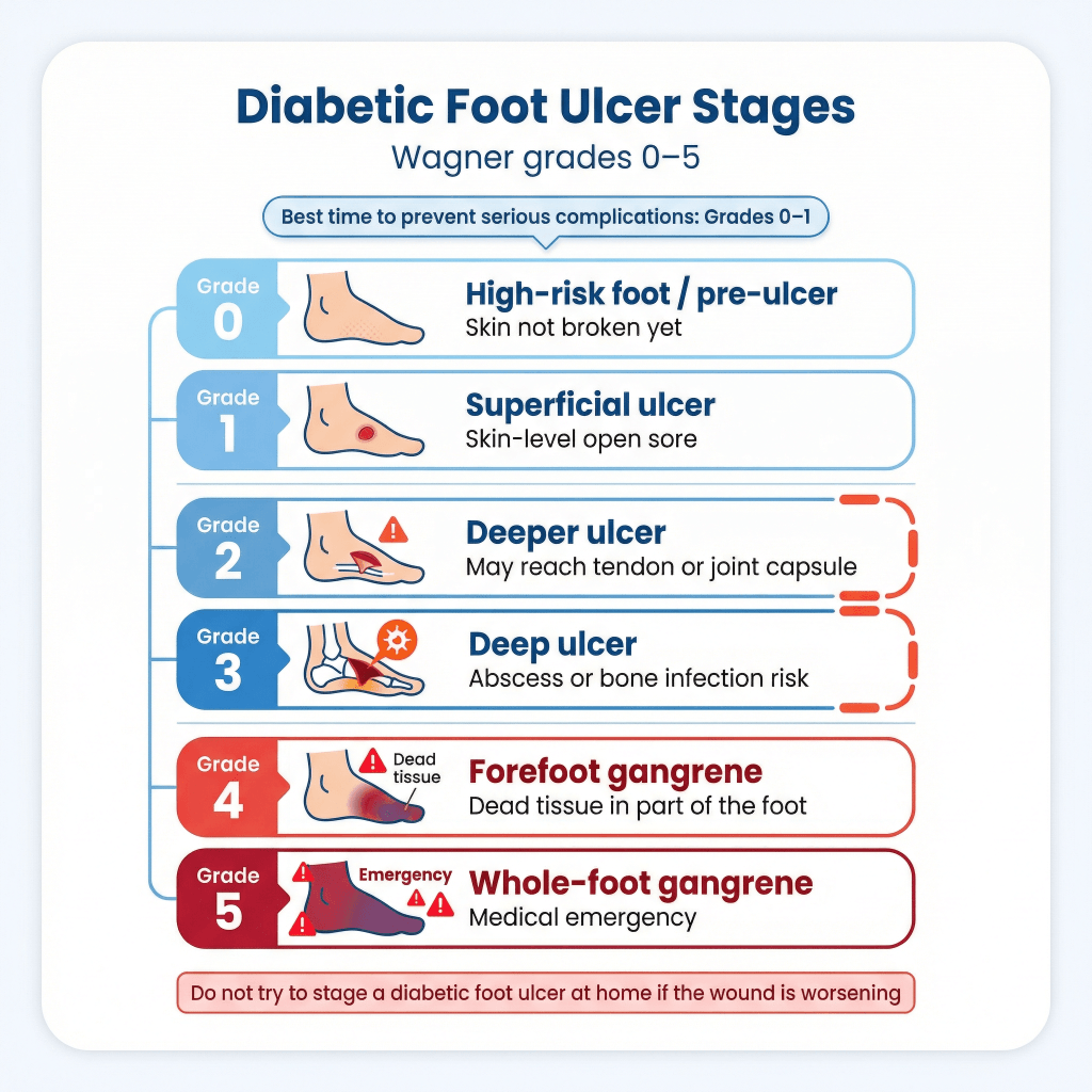 Diabetic Foot Ulcer Stages: What They Look Like, What’s Dangerous, and When to Go to the ER 2 Infographic showing diabetic foot ulcer stages by Wagner grade 0 to 5, from high-risk pre-ulcer skin and superficial ulcer to deeper infected ulcers, forefoot gangrene, and whole-foot gangrene as a medical emergency.