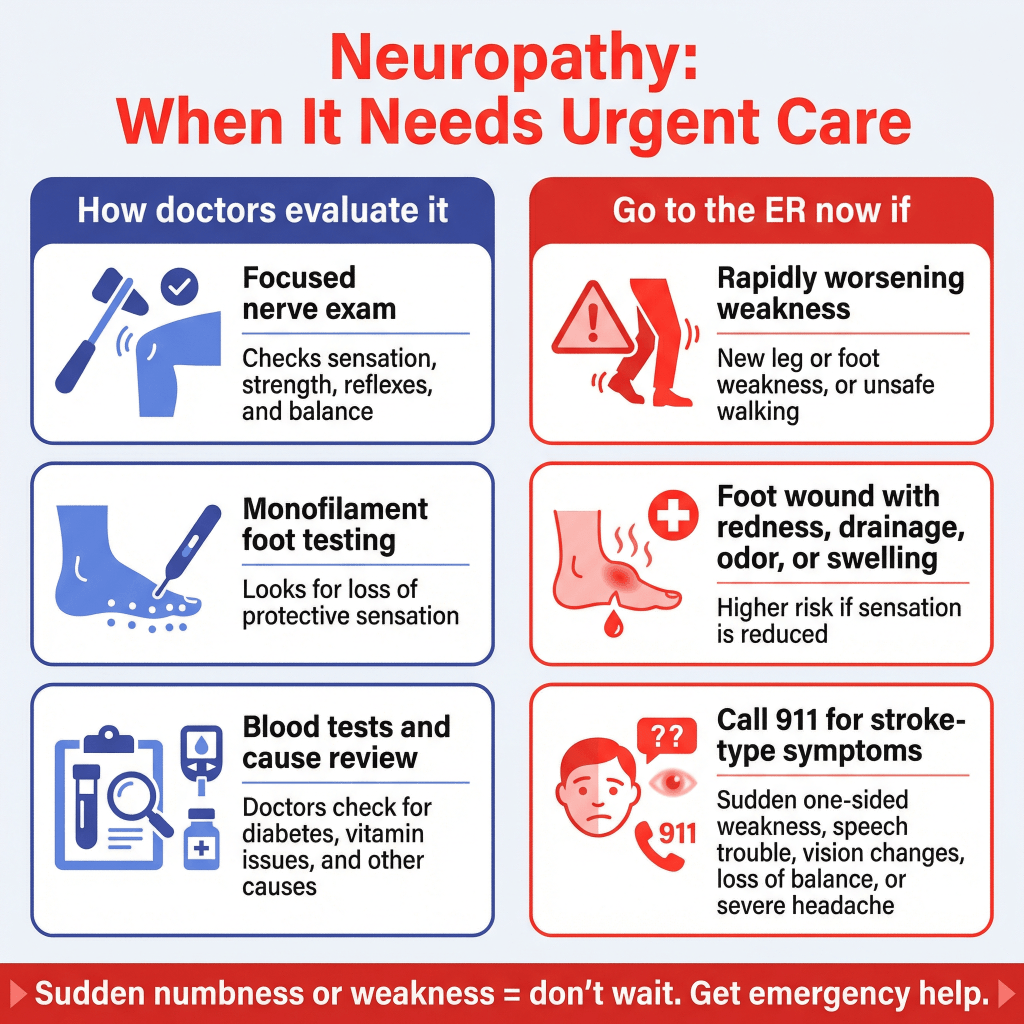 Can You Have Neuropathy Without Diabetes? 3 Infographic on neuropathy urgent care signs and evaluation: doctors use a focused nerve exam, monofilament foot testing, and blood tests; go to the ER for rapidly worsening weakness, an infected foot wound, or stroke-like symptoms.