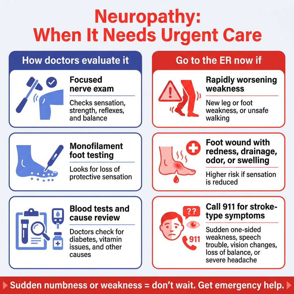 Can You Have Neuropathy Without Diabetes? 3 Infographic on neuropathy urgent care signs and evaluation: doctors use a focused nerve exam, monofilament foot testing, and blood tests; go to the ER for rapidly worsening weakness, an infected foot wound, or stroke-like symptoms.
