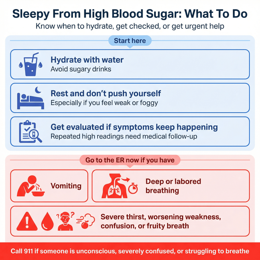 Does High Blood Sugar Make You Sleepy? 3 Infographic on what to do if high blood sugar makes you sleepy, including hydrating with water, resting, getting evaluated for repeated symptoms, and seeking ER care for vomiting, deep breathing, confusion, severe thirst, or fruity breath.