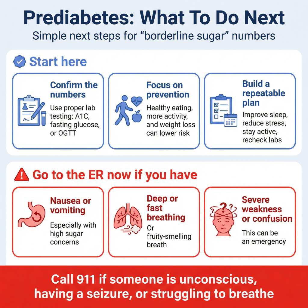 Borderline Sugar Diabetes: What It Means (Prediabetes), Numbers, Symptoms, and What to Do Next 3 Infographic on what to do next after prediabetes or borderline sugar results, including confirming A1C or glucose testing, focusing on prevention with diet, activity, and weight loss, and seeking emergency care for vomiting, deep or rapid breathing, severe weakness, or confusion.