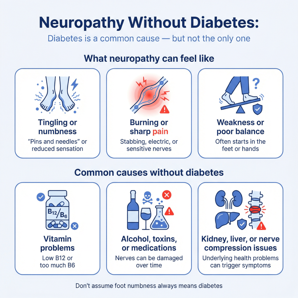 Can You Have Neuropathy Without Diabetes? 2 Infographic explaining neuropathy without diabetes, including symptoms such as tingling, numbness, burning pain, and poor balance, and possible causes like vitamin deficiencies, alcohol or medications, and kidney, liver, or nerve compression problems.