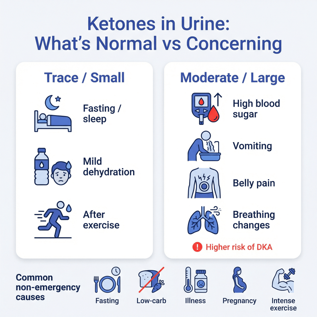 Ketones in Urine: What It Means, When It’s Dangerous, and When to Go to the ER 2 Infographic comparing trace or small ketones in urine with moderate or large ketones, including normal causes, warning symptoms, and higher DKA risk