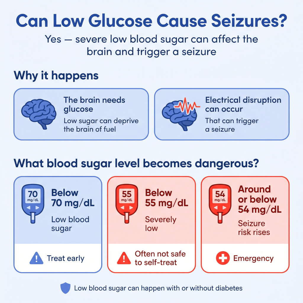 Can Low Glucose Levels Cause Seizures? 2 Infographic explaining that severe low blood sugar can trigger seizures, showing dangerous glucose levels below 70 mg/dL, below 55 mg/dL, and around or below 54 mg/dL as seizure risk rises and emergency care is needed.