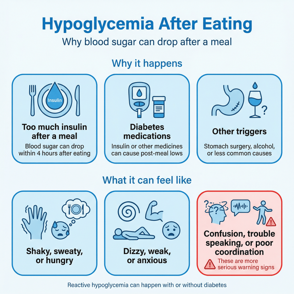 Hypoglycemia After Eating: Why It Happens and When It’s an Emergency 2 Infographic explaining hypoglycemia after eating, including causes like too much insulin, diabetes medications, or other triggers, and symptoms such as shakiness, sweating, hunger, dizziness, weakness, anxiety, confusion, and trouble speaking.