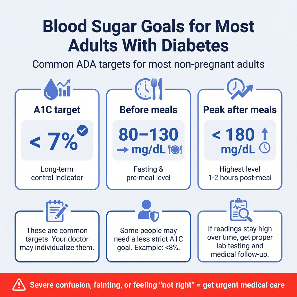 Normal Blood Sugar Levels Chart (ER Doctor Guide to Numbers That Actually Matter) 3 Infographic showing ADA blood sugar goals for most non-pregnant adults with diabetes: A1C below 7%, before meals 80–130 mg/dL, and 1–2 hours after meals below 180 mg/dL.