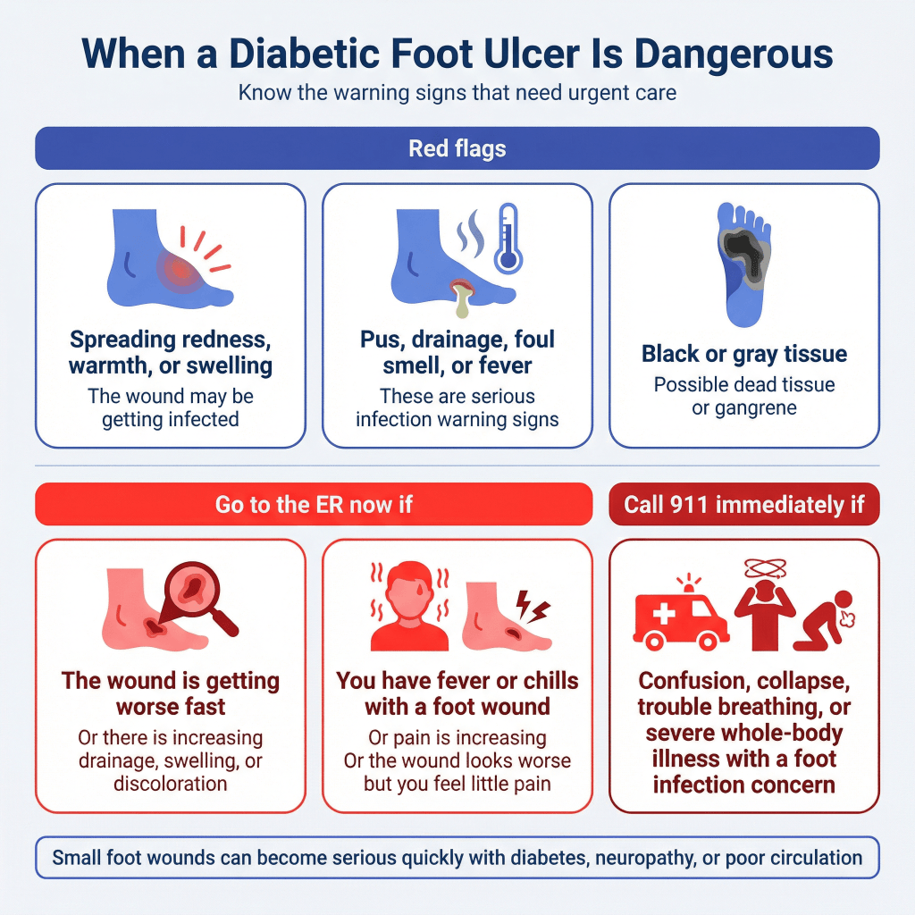Diabetic Foot Ulcer Stages: What They Look Like, What’s Dangerous, and When to Go to the ER 3 Infographic showing when a diabetic foot ulcer is dangerous, with red flags such as spreading redness, warmth, swelling, pus or foul-smelling drainage, black or gray tissue, and signs that require ER or 911 care.