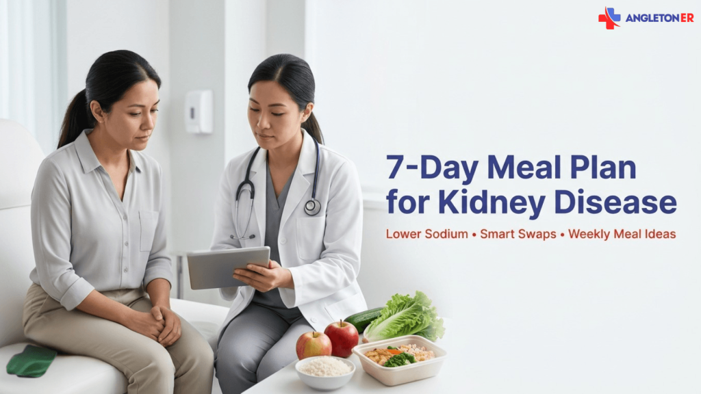 7-Day Meal Plan for Kidney Disease 9 Doctor showing a tablet to a seated patient in an exam room, with healthy foods on a table and text reading “7-Day Meal Plan for Kidney Disease” and “Lower Sodium • Smart Swaps • Weekly Meal Ideas,” plus the Angleton ER logo.