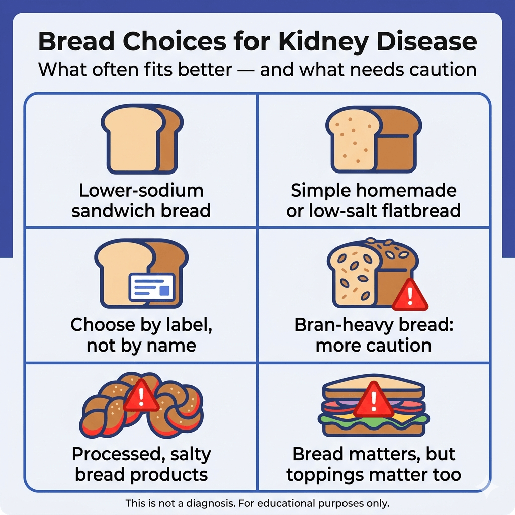 Best Bread for Kidney Disease 2 Infographic titled “Bread Choices for Kidney Disease” with the subtitle “What often fits better — and what needs caution.” A six-panel grid suggests lower-sodium sandwich bread and simple homemade or low-salt flatbread as better options, advises choosing bread by the nutrition label rather than the name, and warns to use more caution with bran-heavy breads and processed salty bread products. It also notes that bread choice matters, but sandwich toppings matter too. Footer says: “This is not a diagnosis. For educational purposes only.”