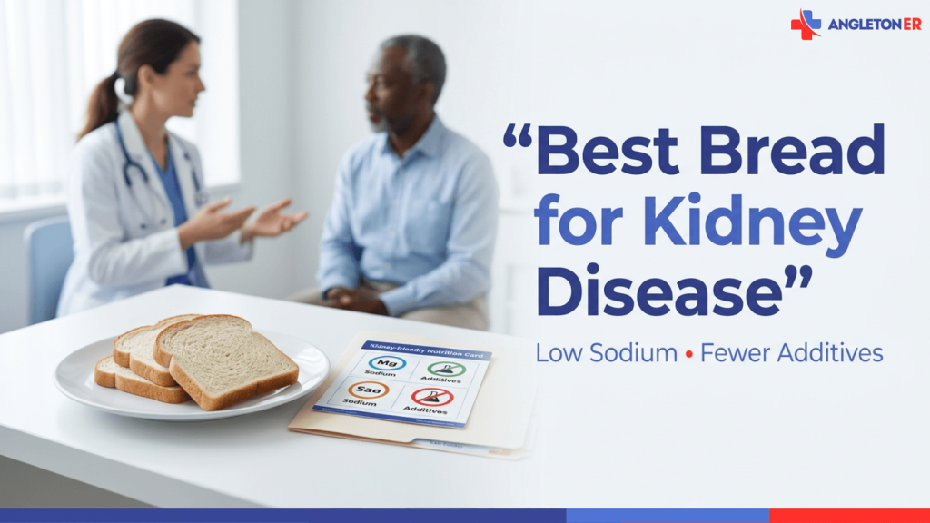 Best Bread for Kidney Disease 1 Angleton ER graphic showing a doctor speaking with a patient in an exam room, with slices of white bread and a kidney-friendly nutrition card on a table in the foreground. Large text reads: “Best Bread for Kidney Disease” with subtext: “Low Sodium • Fewer Additives.”