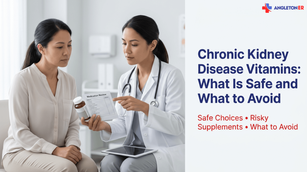 Chronic Kidney Disease Vitamins: What Is Safe and What to Avoid 4 Doctor reviewing a medication list and supplement bottle with a seated patient in a medical exam room, beside the text “Chronic Kidney Disease Vitamins: What Is Safe and What to Avoid” and “Safe Choices • Risky Supplements • What to Avoid,” with the Angleton ER logo in the top right.