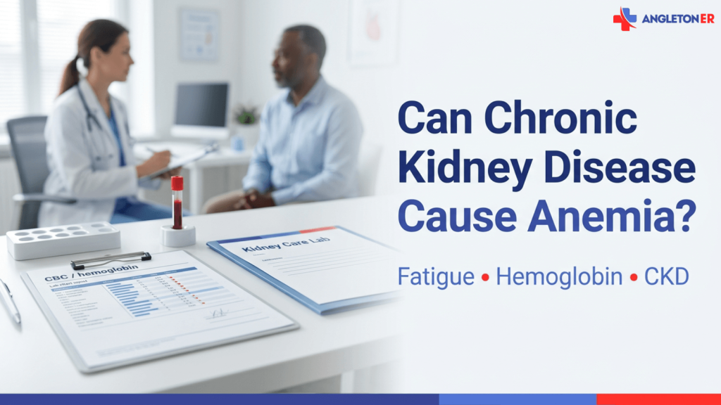 Angleton ER graphic showing a doctor reviewing lab results with a patient in an exam room, with a blood sample tube, CBC/hemoglobin report, and kidney care lab folder on the table. Large text reads: “Can Chronic Kidney Disease Cause Anemia?” with subtext: “Fatigue • Hemoglobin • CKD.”