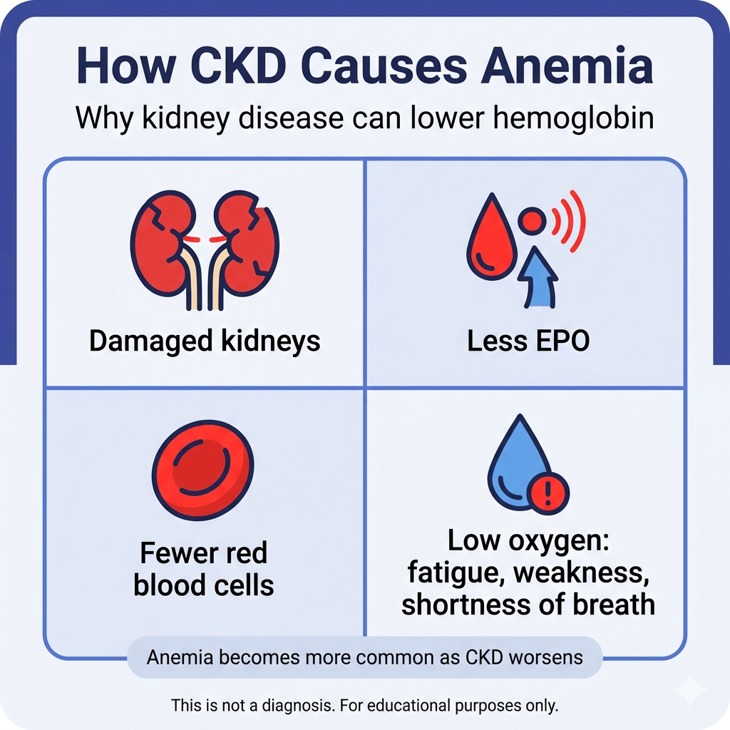 Can Chronic Kidney Disease Cause Anemia? 2 Infographic titled “How CKD Causes Anemia” with the subtitle “Why kidney disease can lower hemoglobin.” A four-panel diagram explains that damaged kidneys make less EPO, which leads to fewer red blood cells and lower oxygen delivery, causing fatigue, weakness, and shortness of breath. A note says anemia becomes more common as CKD worsens, and the footer states: “This is not a diagnosis. For educational purposes only.”