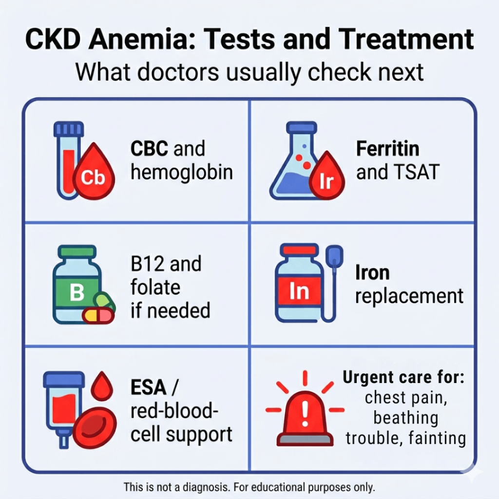 Can Chronic Kidney Disease Cause Anemia? 3 Infographic titled “CKD Anemia: Tests and Treatment” with the subtitle “What doctors usually check next.” A six-panel grid lists common evaluation and treatment steps for anemia in chronic kidney disease: CBC and hemoglobin, ferritin and TSAT, vitamin B12 and folate if needed, iron replacement, ESA or red-blood-cell support, and urgent care for chest pain, breathing trouble, or fainting. Footer says: “This is not a diagnosis. For educational purposes only.”