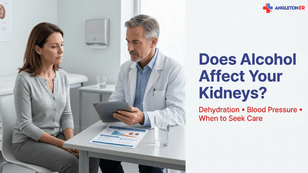 Does Alcohol Affect Your Kidneys? 8 Male doctor showing a tablet to a seated female patient in a medical exam room, next to the text “Does Alcohol Affect Your Kidneys?” and “Dehydration • Blood Pressure • When to Seek Care,” with the Angleton ER logo in the top right.