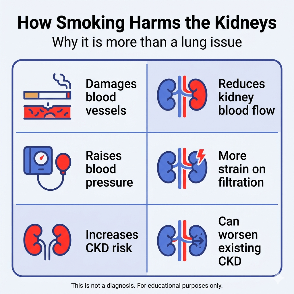 Does Smoking Affect Your Kidneys? 2 Infographic titled “How Smoking Harms the Kidneys” with the subtitle “Why it is more than a lung issue.” A six-panel grid explains that smoking damages blood vessels, reduces kidney blood flow, raises blood pressure, puts more strain on kidney filtration, increases the risk of chronic kidney disease, and can worsen existing CKD. Footer says: “This is not a diagnosis. For educational purposes only.”