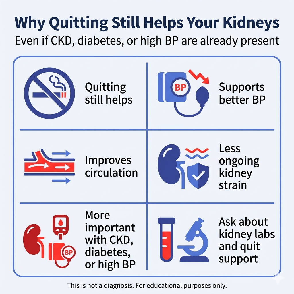 Does Smoking Affect Your Kidneys? 3 Infographic titled “Why Quitting Still Helps Your Kidneys” with the subtitle “Even if CKD, diabetes, or high BP are already present.” A six-panel grid explains that quitting smoking still helps by supporting better blood pressure, improving circulation, and reducing ongoing kidney strain. It says quitting is even more important for people with chronic kidney disease, diabetes, or high blood pressure, and encourages asking about kidney labs and quit-smoking support. Footer says: “This is not a diagnosis. For educational purposes only.”