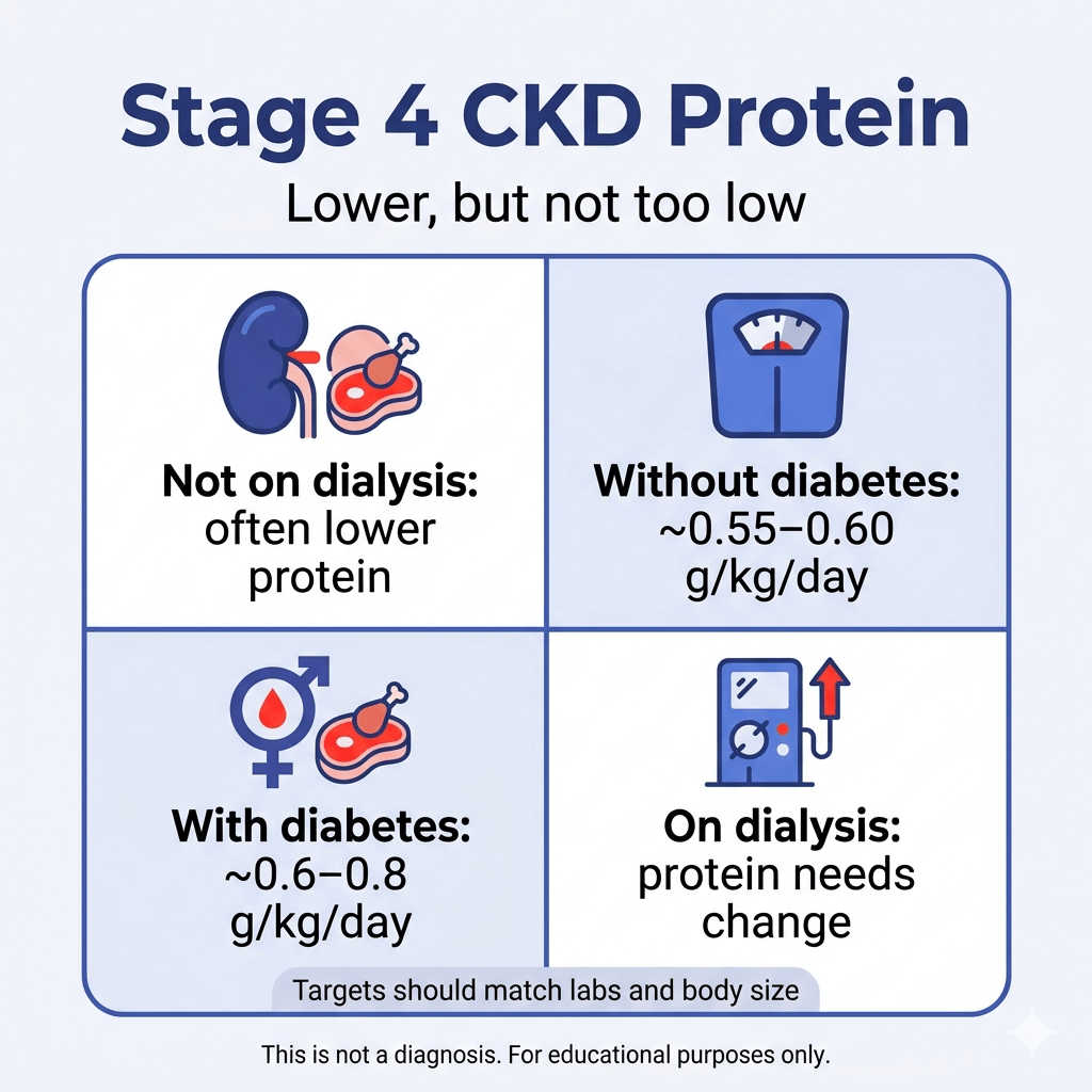 How Much Protein Is Okay for CKD Stage 4? 2 Infographic titled “Stage 4 CKD Protein” with the subtitle “Lower, but not too low.” A four-panel chart explains protein guidance for stage 4 chronic kidney disease: people not on dialysis often need lower protein intake; without diabetes, a typical target shown is about 0.55 to 0.60 grams per kilogram per day; with diabetes, about 0.6 to 0.8 grams per kilogram per day; and on dialysis, protein needs change. A note says targets should match lab results and body size. Footer says: “This is not a diagnosis. For educational purposes only.”