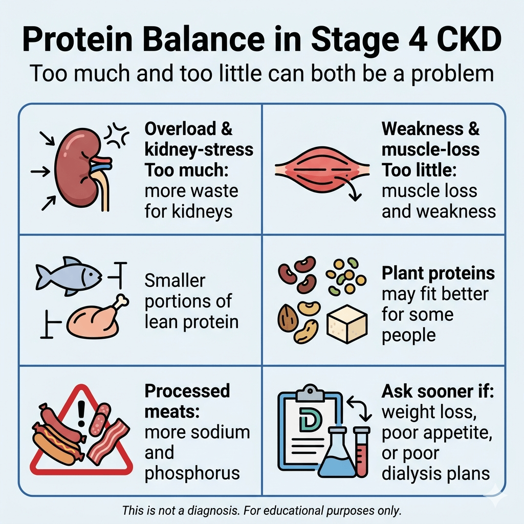 How Much Protein Is Okay for CKD Stage 4? 3 Infographic titled “Protein Balance in Stage 4 CKD” with the subtitle “Too much and too little can both be a problem.” A six-panel grid explains that too much protein can increase waste and stress the kidneys, while too little can lead to muscle loss and weakness. It recommends smaller portions of lean protein, notes that plant proteins may work better for some people, warns that processed meats are higher in sodium and phosphorus, and advises asking sooner about diet changes if there is weight loss, poor appetite, or concerns about dialysis planning. Footer says: “This is not a diagnosis. For educational purposes only.”
