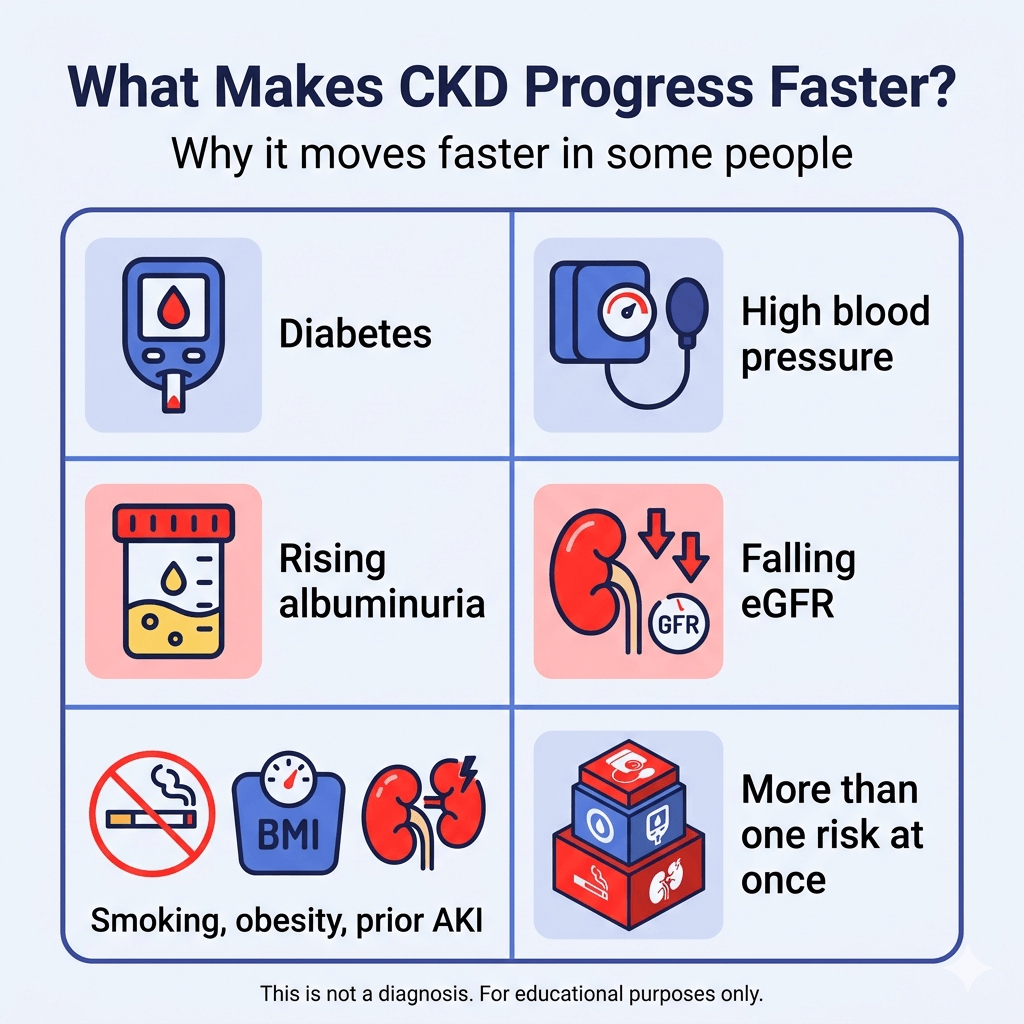 How Quickly Does CKD Progress? 2 Infographic titled “What Makes CKD Progress Faster?” with the subtitle “Why it moves faster in some people.” A six-panel grid lists factors linked to faster chronic kidney disease progression: diabetes, high blood pressure, rising albuminuria, falling eGFR, smoking/obesity/prior acute kidney injury, and having more than one risk factor at the same time. Footer says: “This is not a diagnosis. For educational purposes only.”
