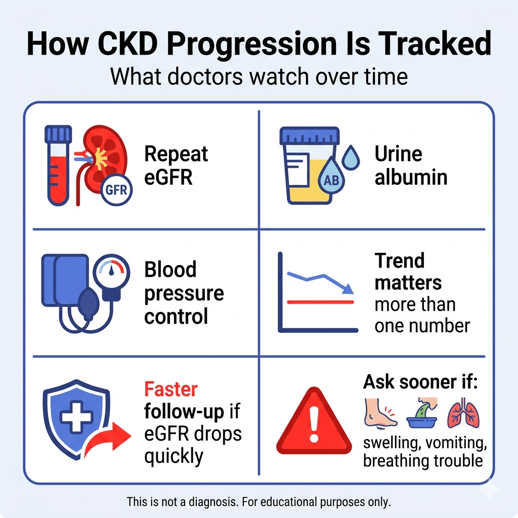 How Quickly Does CKD Progress? 3 Infographic titled “How CKD Progression Is Tracked” with the subtitle “What doctors watch over time.” A six-panel grid explains that doctors monitor repeat eGFR tests, urine albumin, and blood pressure control, while looking at the overall trend rather than a single number. It says follow-up should happen sooner if eGFR drops quickly, and to ask sooner if there is swelling, vomiting, or breathing trouble. Footer says: “This is not a diagnosis. For educational purposes only.”