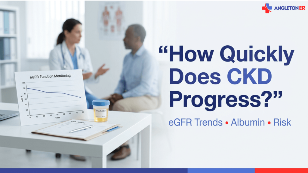 Educational graphic from Angleton ER showing a doctor talking with a patient in a clinic, with an eGFR function monitoring chart, lab paperwork, and a urine test cup in the foreground. Large text reads: “How Quickly Does CKD Progress?” with subtext: “eGFR Trends • Albumin • Risk.”