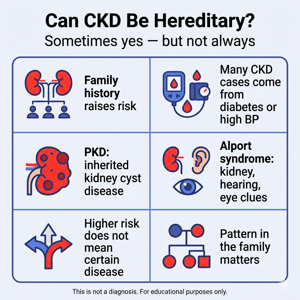 Is Chronic Kidney Disease Hereditary? 2 Infographic titled “Can CKD Be Hereditary? Sometimes yes — but not always.” A six-panel grid explains that family history can raise CKD risk, but many cases are caused by diabetes or high blood pressure. It highlights inherited conditions such as polycystic kidney disease (PKD) and Alport syndrome, which can involve kidney, hearing, and eye issues. It also notes that higher risk does not guarantee disease, and that family patterns matter. Footer says: “This is not a diagnosis. For educational purposes only.”