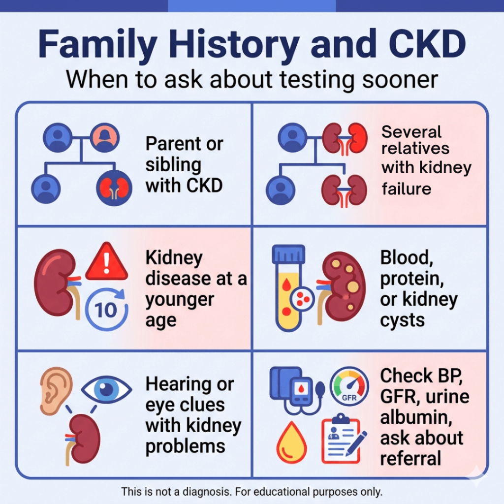 Is Chronic Kidney Disease Hereditary? 3 Infographic titled “Family History and CKD” with the subtitle “When to ask about testing sooner.” A six-panel grid lists family-history warning signs and follow-up steps: a parent or sibling with CKD, several relatives with kidney failure, kidney disease at a younger age, blood or protein in the urine or kidney cysts, and hearing or eye issues linked with kidney problems. The final panel advises checking blood pressure, GFR, and urine albumin, and asking about referral. Footer says: “This is not a diagnosis. For educational purposes only.”