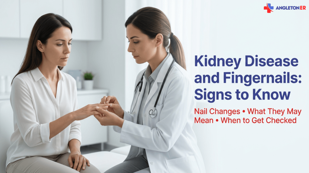 Kidney Disease and Fingernails: Signs to Know 3 Doctor examining a patient’s fingernails during a medical consultation, beside the text “Kidney Disease and Fingernails: Signs to Know” and “Nail Changes • What They May Mean • When to Get Checked,” with the Angleton ER logo in the top right.