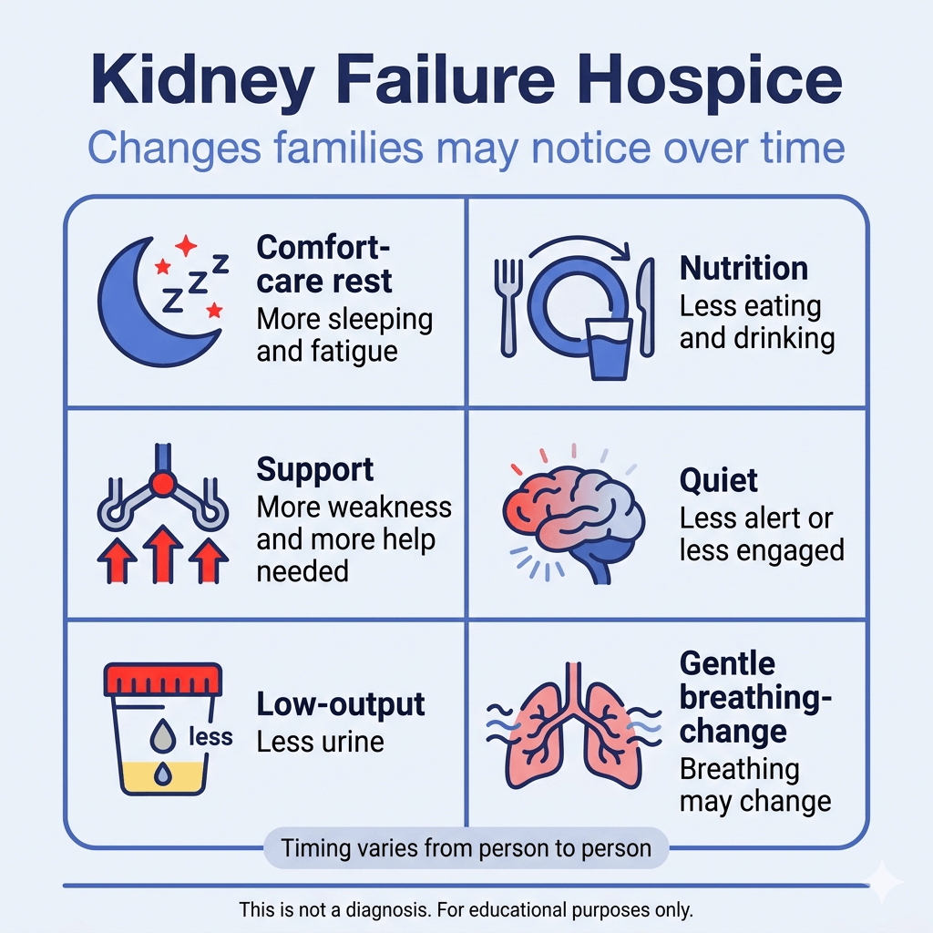 Kidney Failure Hospice Timeline: What Families Should Expect 2 Infographic titled “Kidney Failure Hospice” with the subtitle “Changes families may notice over time.” A six-panel grid describes common end-of-life changes in kidney failure: more sleeping and fatigue, less eating and drinking, more weakness and need for help, becoming less alert or engaged, less urine output, and changes in breathing. A note says timing varies from person to person, and the footer states: “This is not a diagnosis. For educational purposes only.”