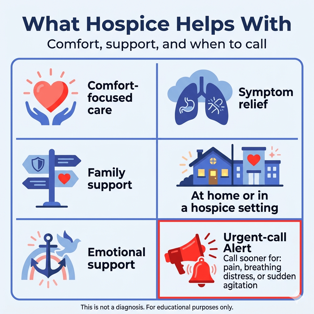 Kidney Failure Hospice Timeline: What Families Should Expect 3 Infographic titled “What Hospice Helps With” with the subtitle “Comfort, support, and when to call.” A six-panel grid explains hospice services for kidney failure, including comfort-focused care, symptom relief, family support, care at home or in a hospice setting, and emotional support. A highlighted alert advises calling sooner for pain, breathing distress, or sudden agitation. Footer says: “This is not a diagnosis. For educational purposes only.”