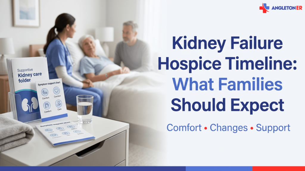 Angleton ER graphic showing a nurse seated beside an elderly patient in bed with a family member nearby, while supportive kidney care materials and a glass of water sit on a bedside table. Large text reads: “Kidney Failure Hospice Timeline: What Families Should Expect” with subtext: “Comfort • Changes • Support.”