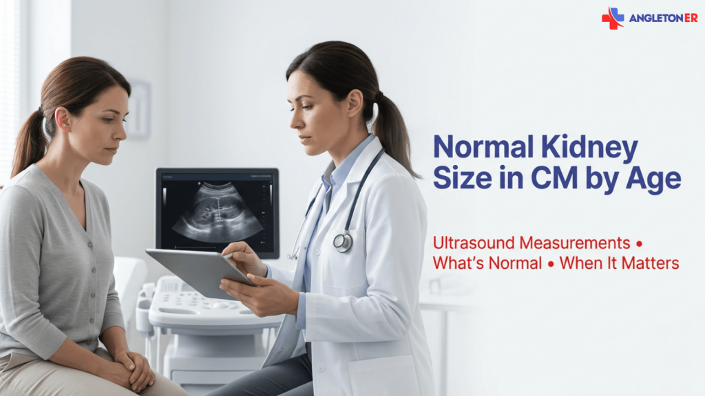 Normal Kidney Size in CM by Age 2 Doctor reviewing a tablet with a seated patient in an exam room, with an ultrasound image visible on a monitor beside the text “Normal Kidney Size in CM by Age” and “Ultrasound Measurements • What’s Normal • When It Matters,” plus the Angleton ER logo.