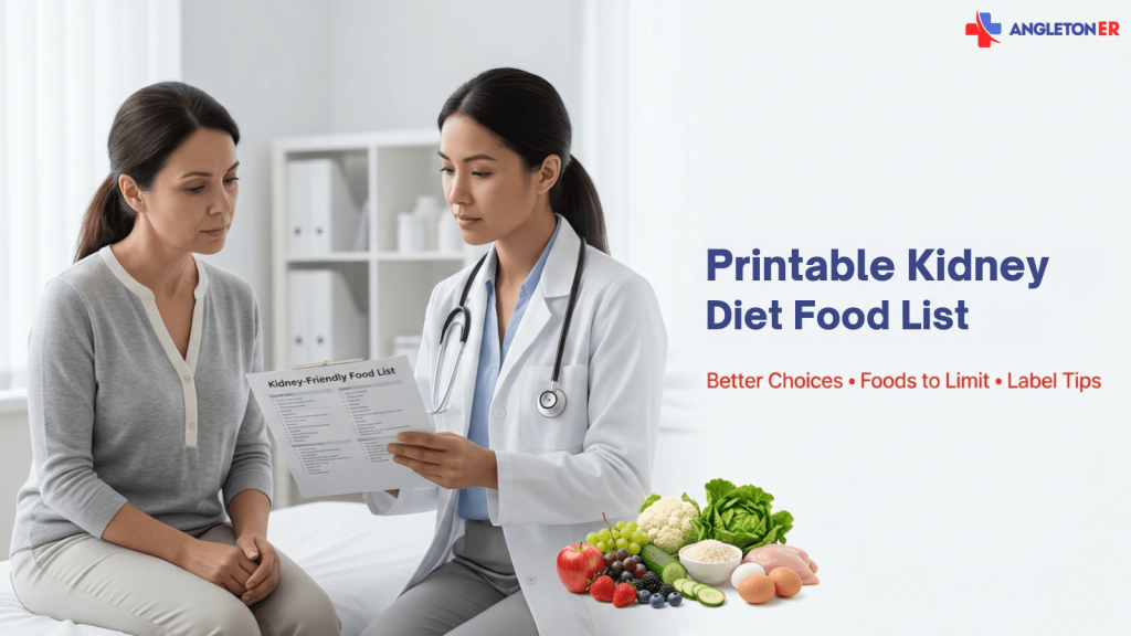 Printable Kidney Diet Food List 6 Doctor showing a printed kidney-friendly food list to a seated patient in a bright exam room, beside the text “Printable Kidney Diet Food List” and “Better Choices • Foods to Limit • Label Tips,” with healthy foods displayed and the Angleton ER logo in the top right.