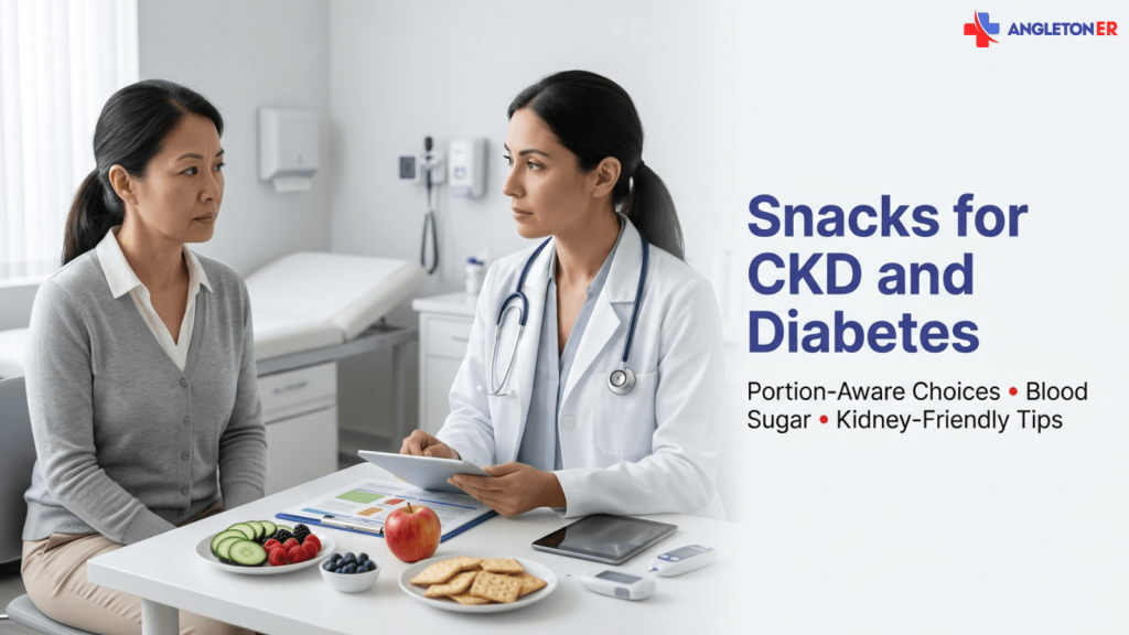 Snacks for CKD and Diabetes 5 Doctor consulting with a seated patient in an exam room, with fruit, crackers, and diabetes-related supplies on the table beside the text “Snacks for CKD and Diabetes” and “Portion-Aware Choices • Blood Sugar • Kidney-Friendly Tips,” plus the Angleton ER logo.