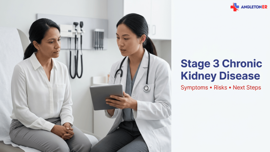 Stage 3 Chronic Kidney Disease: What It Means, Symptoms, and Next Steps 10 Doctor reviewing a tablet with a seated patient in a bright exam room, beside the text “Stage 3 Chronic Kidney Disease” and “Symptoms • Risks • Next Steps,” with the Angleton ER logo in the top right.